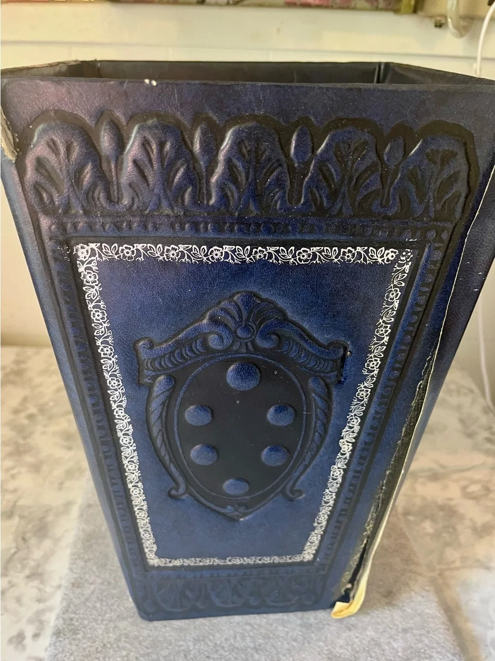 Vintage Italian Florentine Wastebasket Faux Leather Dark Navy Blue Collapsible
